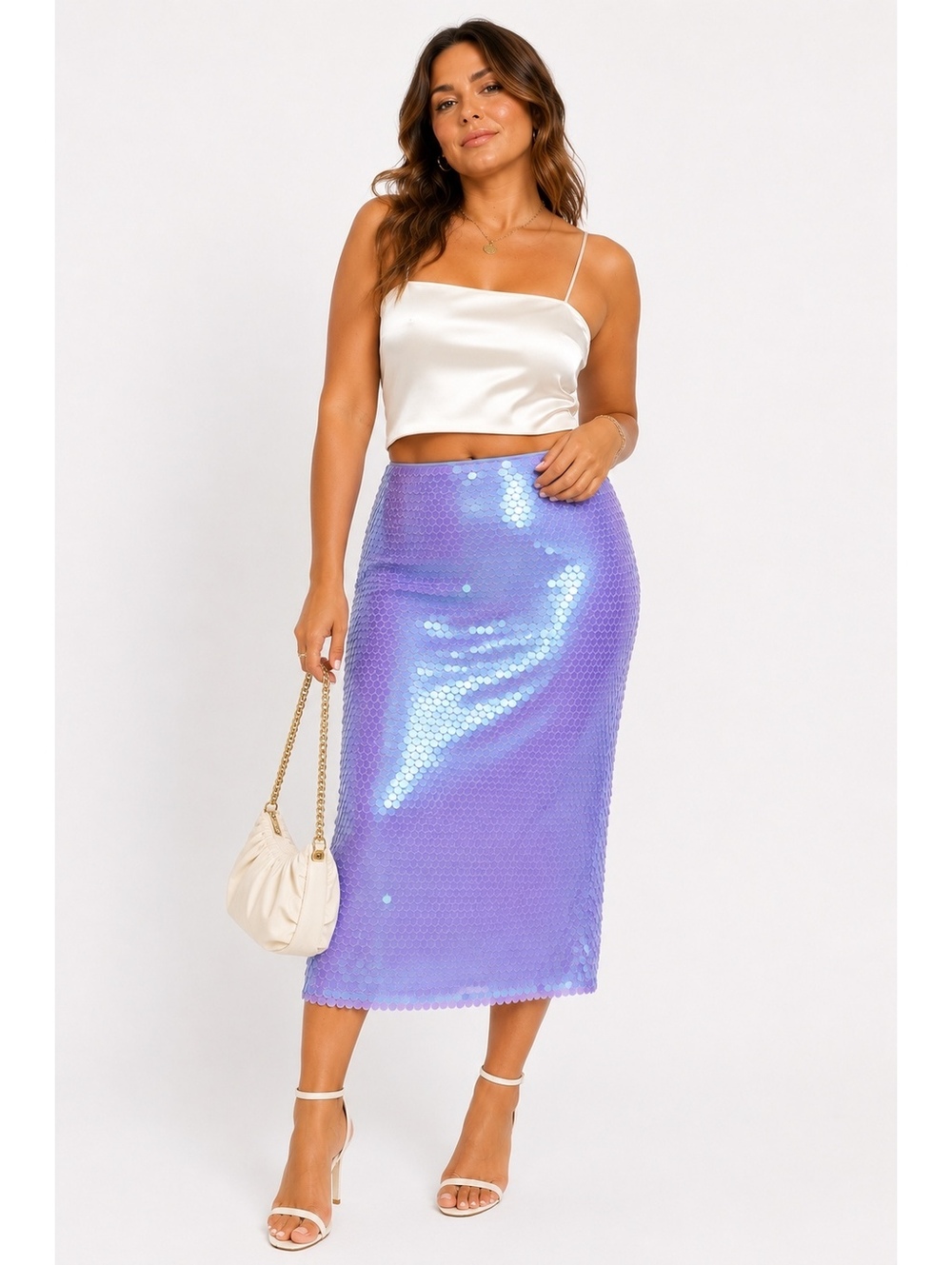 Lisa Says Gah Lavender Iridescent Sequin Midi Skirt Size L